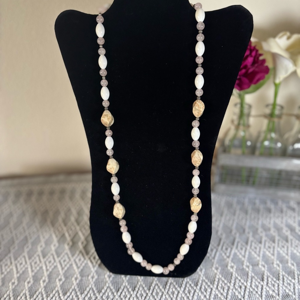 30” beige,‎ pale pink and cream beaded vintage necklace.